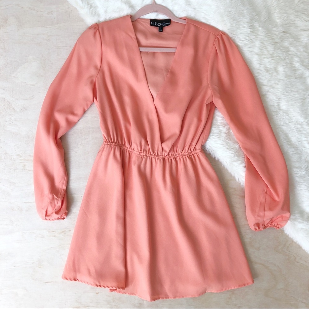 NBD X NAVEN TWINS DEEP V MAYHEM DRESS IN PEACH